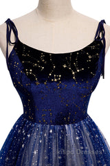 Blue Velvet Tulle Long Evening Prom Dress, Beautiful A-Line Evening Party Dress