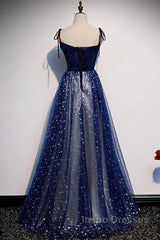 Blue Velvet Tulle Long Evening Prom Dress, Beautiful A-Line Evening Party Dress