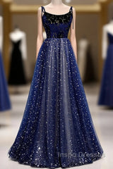 Blue Velvet Tulle Long Evening Prom Dress, Beautiful A-Line Evening Party Dress