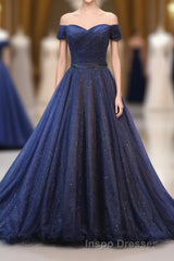 Dark Blue Shining Tulle Long Evening Prom Dress, Evening Prom Dress
