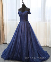 Dark Blue Shining Tulle Long Evening Prom Dress, Evening Prom Dress