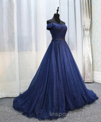 Dark Blue Shining Tulle Long Evening Prom Dress, Evening Prom Dress