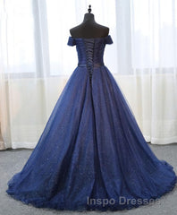 Dark Blue Shining Tulle Long Evening Prom Dress, Evening Prom Dress