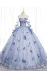 Blue Long Sleeves Tulle Evening Prom Dress with Flowers, Puffy Off the Shoulder Quinceanera Dress
