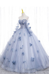 Blue Long Sleeves Tulle Evening Prom Dress with Flowers, Puffy Off the Shoulder Quinceanera Dress