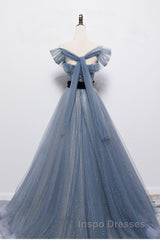 Blue Off the Shoulder Tulle Long Evening Prom Dress with Sash, Sparkly Formal Gown