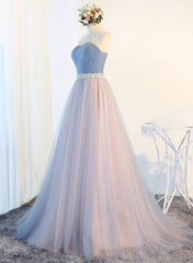 Blue Tulle Long Prom Dresses, A-Line Strapless Evening Dresses