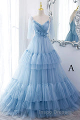 A Line V Neck New Style Tiered Long Tulle Evening Prom Dress, Evening Prom Gown with Flower