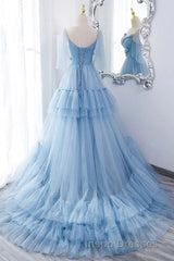 A Line V Neck New Style Tiered Long Tulle Evening Prom Dress, Evening Prom Gown with Flower