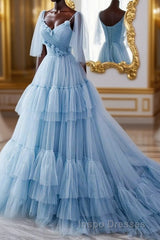 A Line V Neck New Style Tiered Long Tulle Evening Prom Dress, Evening Prom Gown with Flower