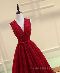 Burgundy V Neck Lace Long Evening Prom Dress, Burgundy Evening Prom Dress