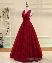 Burgundy V Neck Lace Long Evening Prom Dress, Burgundy Evening Prom Dress