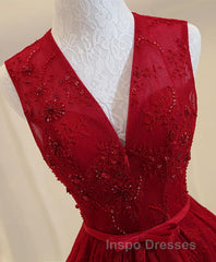 Burgundy V Neck Lace Long Evening Prom Dress, Burgundy Evening Prom Dress