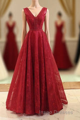Burgundy V Neck Lace Long Evening Prom Gown Burgundy Evening Prom Dress