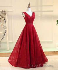 Burgundy V Neck Lace Long Evening Prom Gown Burgundy Evening Prom Dress