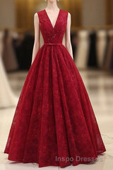 Burgundy V Neck Lace Long Evening Prom Dress, Burgundy Evening Prom Dress