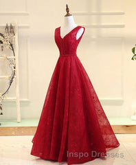 Burgundy V Neck Lace Long Evening Prom Gown Burgundy Evening Prom Dress