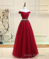 Burgundy Tulle Off Shoulder Long Evening Prom Dress, Burgundy Evening Prom Dress