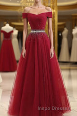 Burgundy Tulle Off Shoulder Long Evening Prom Dress, Burgundy Evening Prom Dress