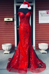 Fuchsia Off-Shoulder Sequined Floral Mermaid Long Evening Prom Dress with Slit