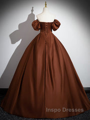 Brown A-Line Satin Long Evening Prom Dress, Brown Long Formal Dress