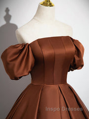 Brown A-Line Satin Long Evening Prom Dress, Brown Long Formal Dress
