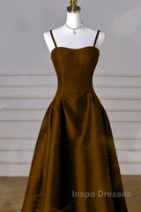 Brown Satin A-Line Sweetheart Long Formal Dress, Simple Brown Evening Dress