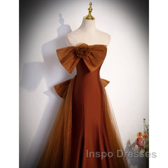 Brown Tulle And Satin Mermaid Long Party Dress, Long Formal Dress Evening Prom Dress