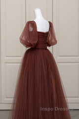 Brown Tulle Floor Length Evening Prom Dress, A-Line Short Sleeve Evening Party Dress