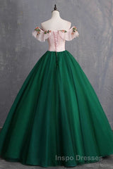 Green Off the Shoulder Floor Length Evening Prom Dress with Appliques, Puffy Quinceanera Dress