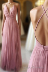 Simple Tulle Long Evening Prom Dress, A Line Backless Evening Prom Dress