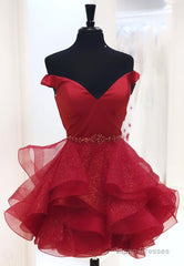 Burgundy V-Neck Off the Shoulder Short Prom Dresses