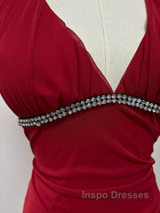 Burgundy A-Line Halter V Neck Chiffon Backless Evening Prom Dress,Bridesmaid Dress With Ankle Length