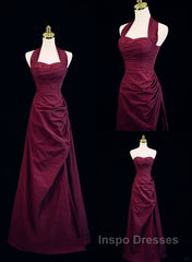 Burgundy A-Line Halter Vintage Style Evening Prom Dress, Burgundy Long Evening Dress