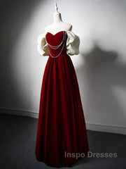 Burgundy A-Line Off Shoulder Velvet Lace Long Evening Prom Dress, Burgundy Long Formal Dress