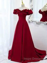 Burgundy A-Line Satin Long Evening Prom Dress, Burgundy Formal Evening Dress