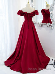 Burgundy A-Line Satin Long Evening Prom Dress, Burgundy Formal Evening Dress