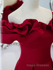 Burgundy A-Line Satin Long Evening Prom Dress, Burgundy Formal Evening Dress