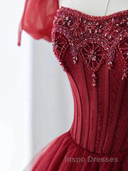 Burgundy A line tulle beads long Evening Prom Dress burgundy formal Dress