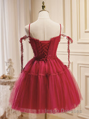 Burgundy A-Line Tulle Lace Short Evening Prom Dress, Burgundy Homecoming Dress