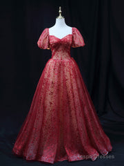 Burgundy A line Tulle Sequin Long Prom Dress Burgundy Tulle Formal Evening Dress