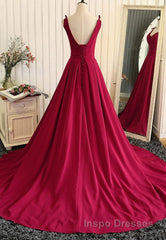 Burgundy A Line V Neck Sweep Train Open Back Satin Long Evening Prom Dress, V Neck Burgundy Formal Dress, Backless Evening Dress