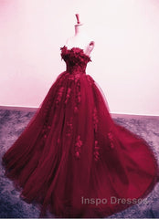 Burgundy Floral Lace Sweetheart Tulle Ball Gown Wedding Dress