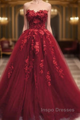Burgundy Floral Lace Sweetheart Tulle Ball Gown Wedding Dress