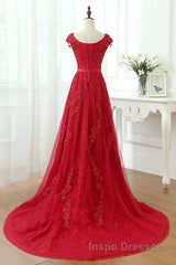 Burgundy Lace Evening Prom Dress with Train, Wine Red Lace Formal Evening Dress