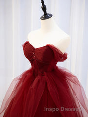 Burgundy off shoulder tulle lace long Evening Prom Dress burgundy formal Dress