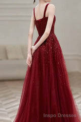 Burgundy Prom Dresses A line Straps Tulle Evening Dresses