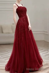 Burgundy Prom Dresses A line Straps Tulle Evening Dresses