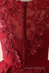 Burgundy round neck lace long Evening Prom Dress burgundy evening Dress