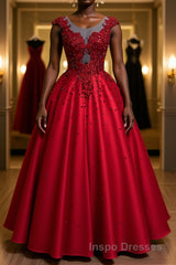 Burgundy round neck lace satin long Evening Prom Dress burgundy evening Dress